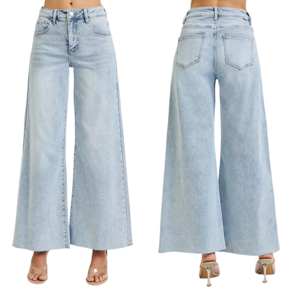 RISEN Palazzo High-Rise Ultra Baggy Wide Leg Cropped Ankle Jeans Denim Pants - Picture 15 of 16